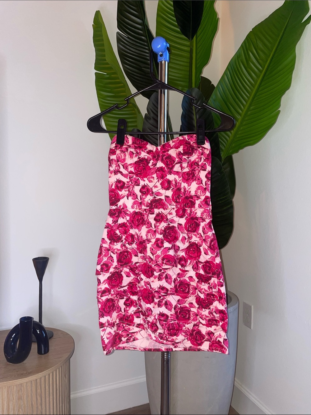 Strapless Pink Rose-Print Bodycon Dress